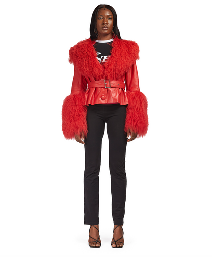 Leather Cropped Coat With Mongolian Fur Trim
