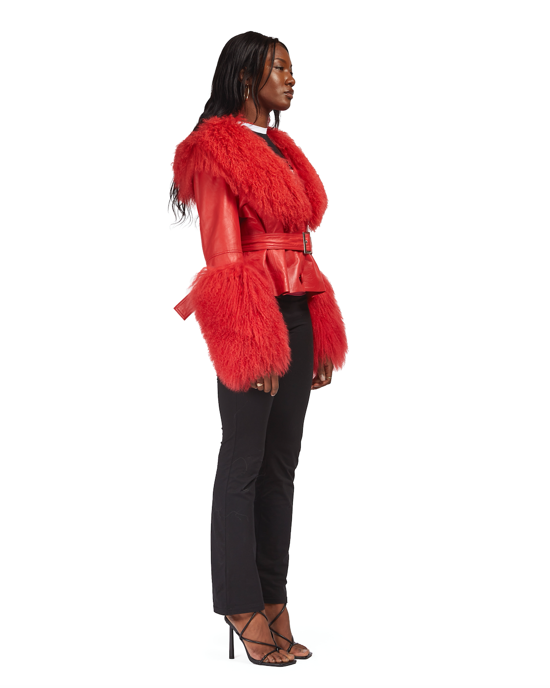 Leather Cropped Coat With Mongolian Fur Trim
