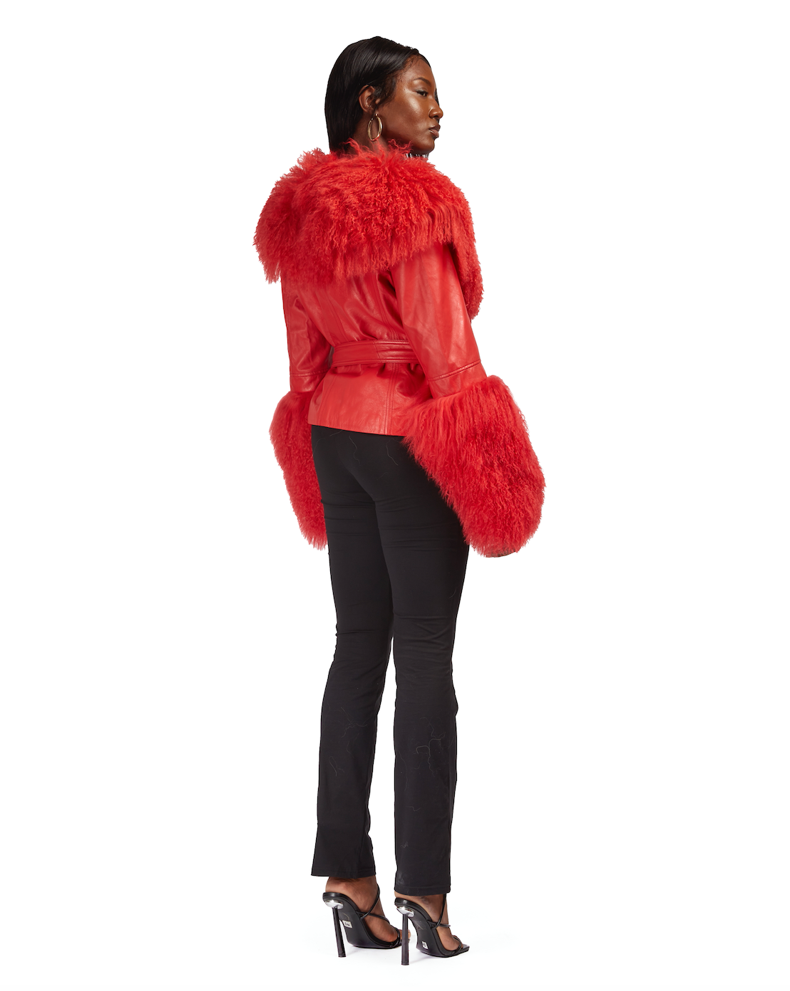 Leather Cropped Coat With Mongolian Fur Trim