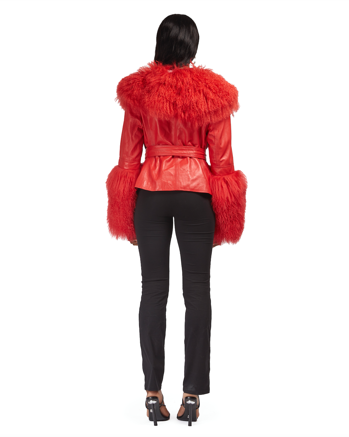Leather Cropped Coat With Mongolian Fur Trim