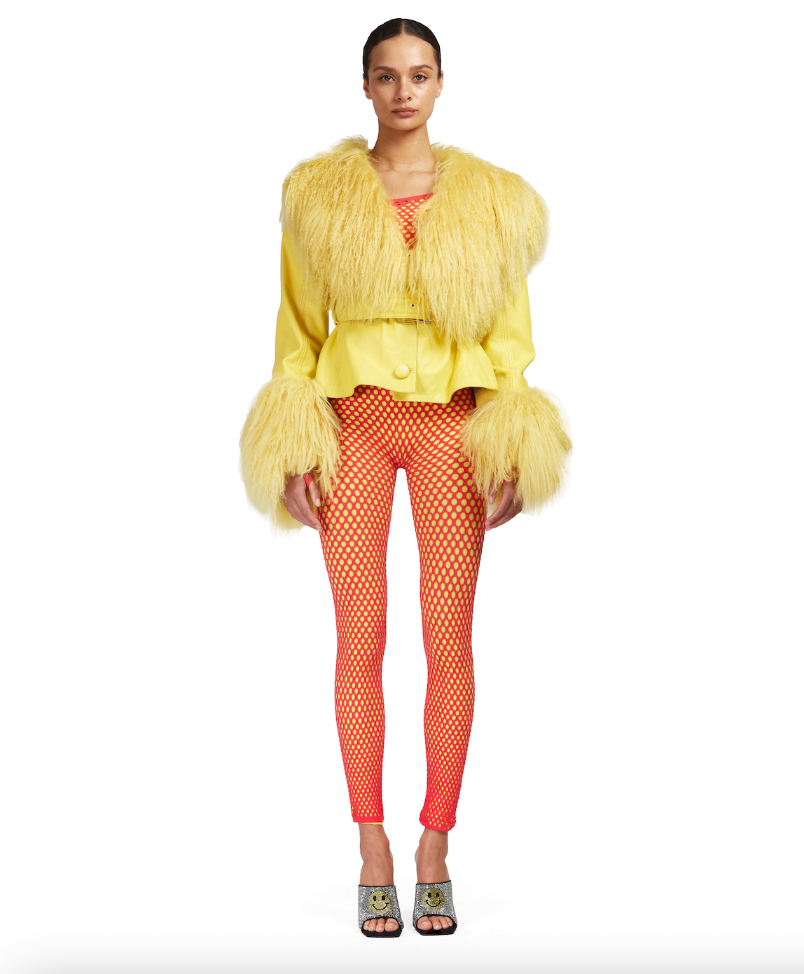 Leather Cropped Coat With Mongolian Fur Trim