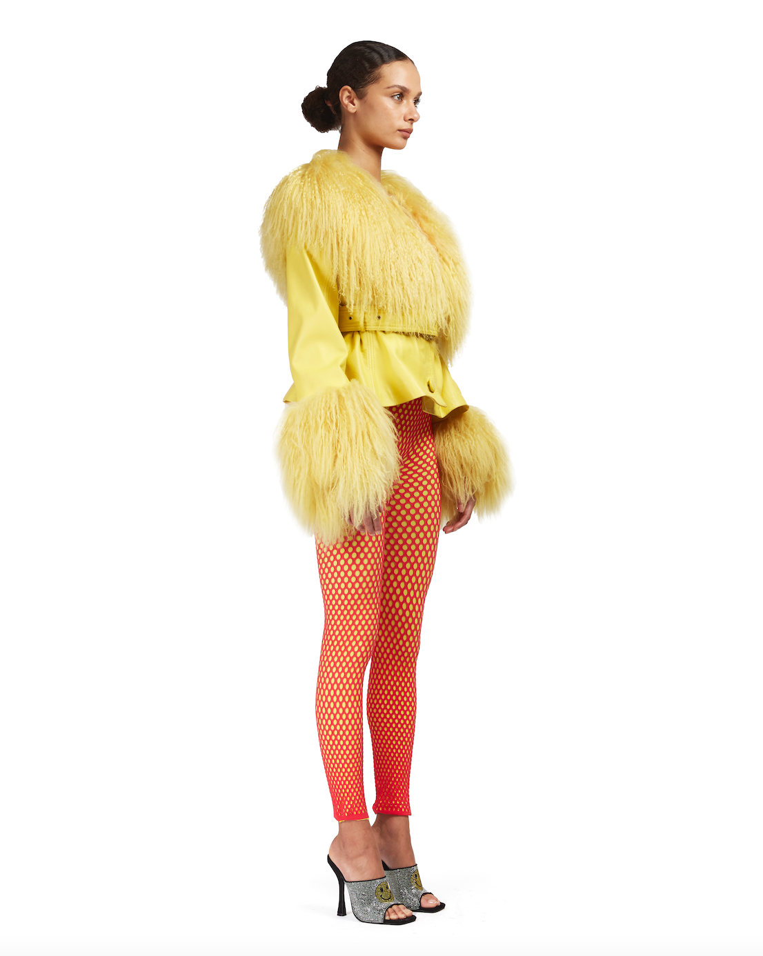 Leather Cropped Coat With Mongolian Fur Trim