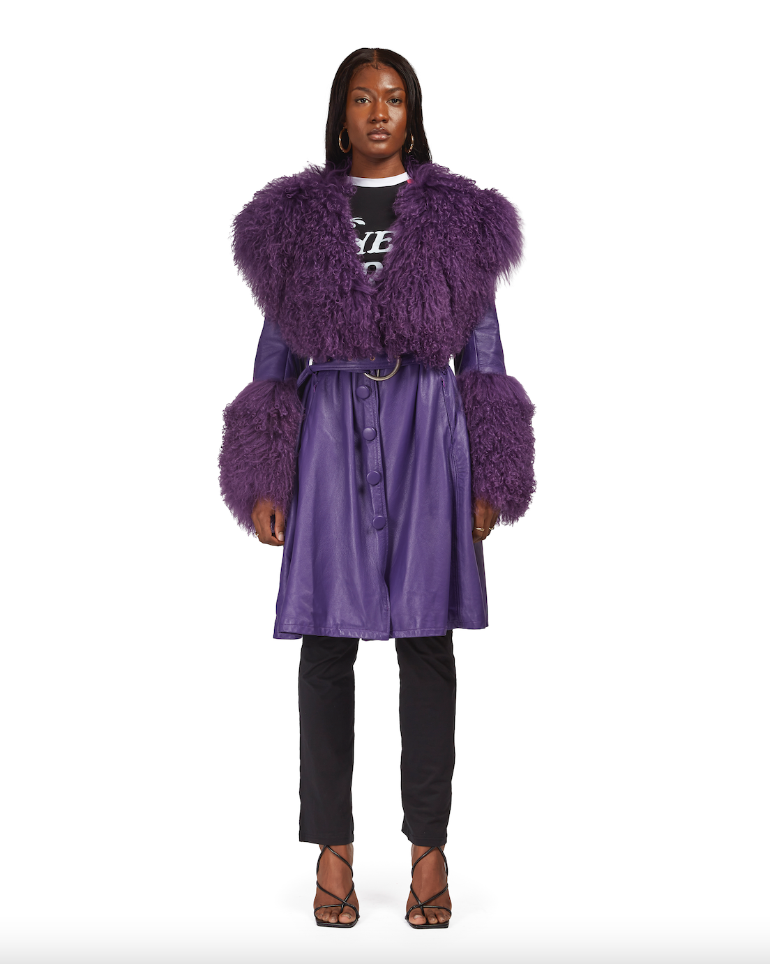 Leather Coat with Mongolian Fur Trim