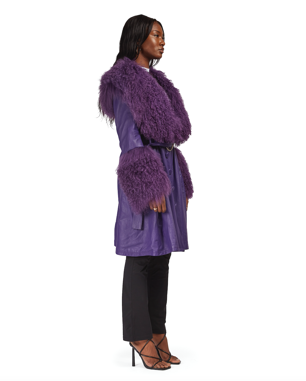 Leather Coat with Mongolian Fur Trim