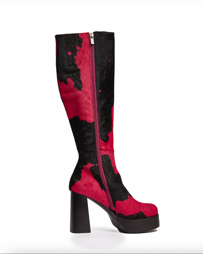 LEATHER COW-HIDE CHUNKY PLATFORM KNEE HIGH BOOTS