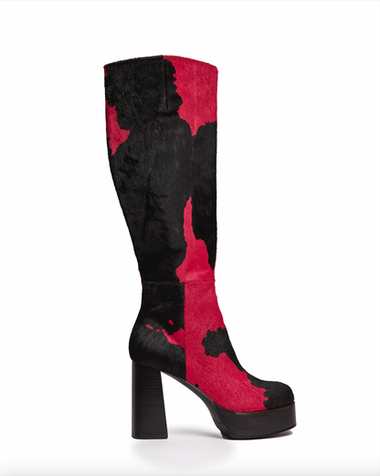 LEATHER COW-HIDE CHUNKY PLATFORM KNEE HIGH BOOTS