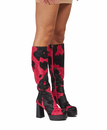 LEATHER COW-HIDE CHUNKY PLATFORM KNEE HIGH BOOTS