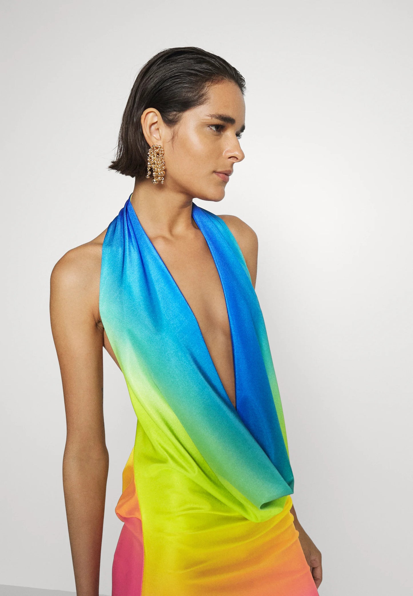 Cowl-Neck Backless Dress in Gradient Digital Print