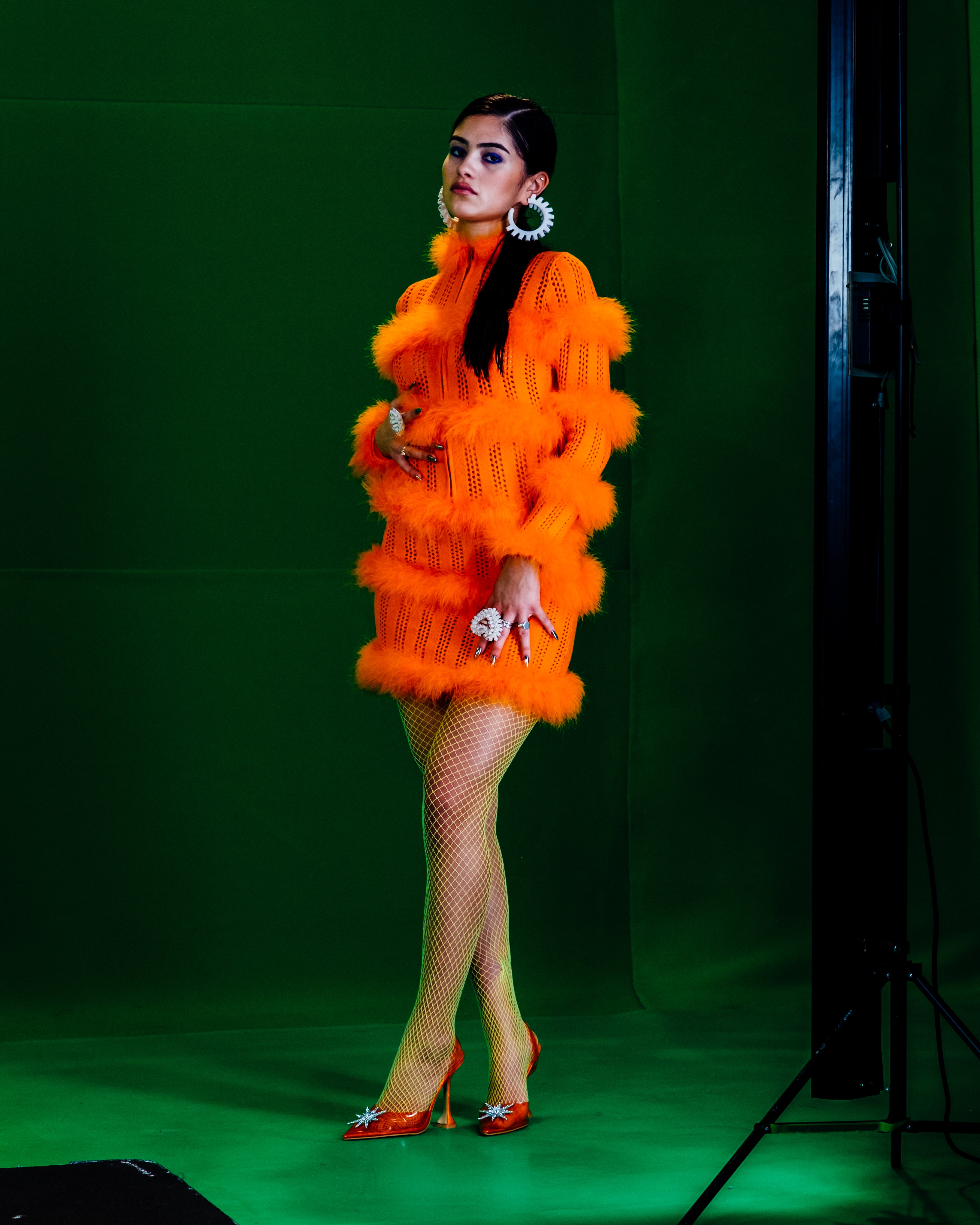 Hole-Punch Knitted Dress with Feather Trim